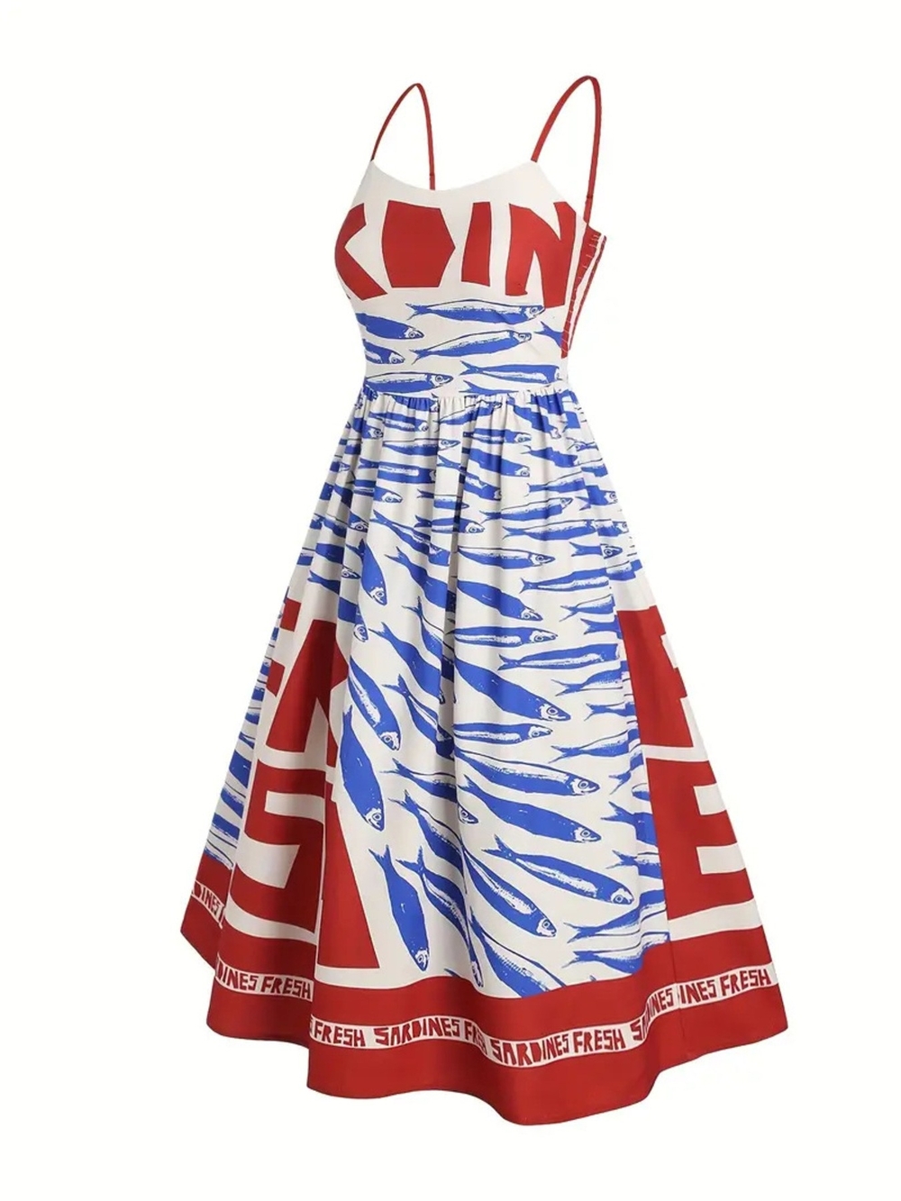 Graphic Spaghetti-Strap Midi Dress in White, Red & Blue - Picture 3 of 7